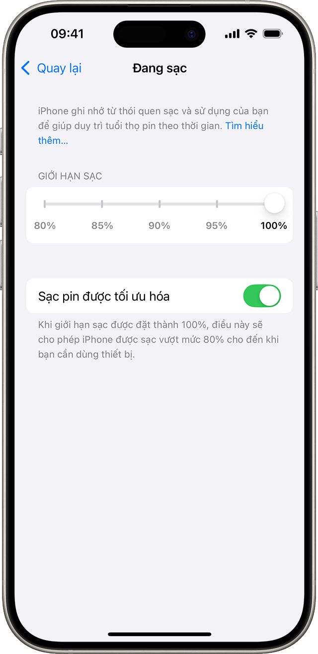 Màn hình cài đặt giới hạn sạc trên iPhone