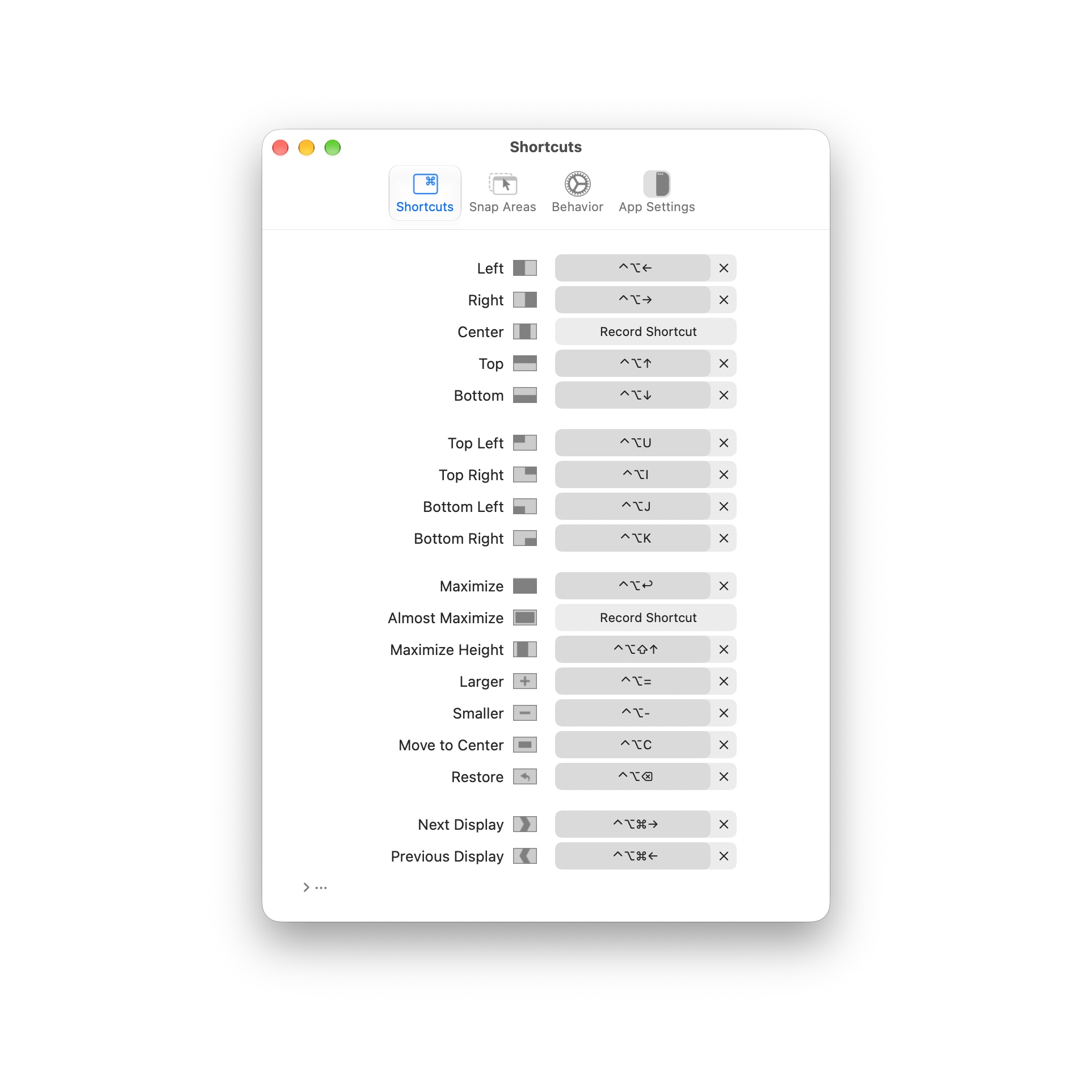 Giao diện cài đặt phím tắt của Rectangle trên macOS